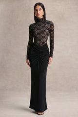 Justina | Black High-Neck Maxi Dress With Gathered-Detailing
