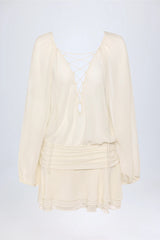 Lace-Up Balloon-Sleeve Mini Dress in Ivory