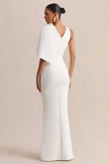 Quira | White Asymmetric-Neck Maxi Dress With Cape-Sleeve