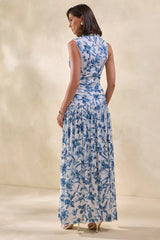 Myssara | Blue Porcelain-Print High-Neck Maxi Dress Gathered-Detailing
