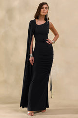 Evalette | Black Asymmetric-Neck Maxi Dress With Cape-Sleeve