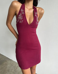 Hepzhi Mini Dress in Burgundy With Floral Embroidery