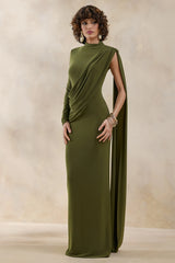 Oliria | Olive High-Neck Maxi Dress With One-Long Sleeve And Sash-Detail