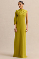 Marosia | Olive High-Neck Maxi Dress With Cape Sleeve