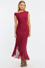 Red Maxi Dress Asymmetric Shoulder Mesh