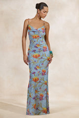 Raisa | Blue Floral Mesh Cowl-Neck Maxi Dress
