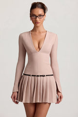 Long-Sleeve Pleated Mini Dress in Mushroom