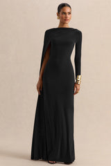 Halina | Black High-Neck Maxi Dress With Cape-Sleeve