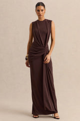 Blythia | Brown Round-Neck Maxi Dress With Gathered-Detailing