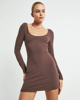 Larissa Scoop Neck Long Sleeve Mini Dress Chocolate Brown