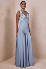 Cala | Powder Blue Matte Satin Plunge-Neck Maxi Dress With Bow-Sleeves