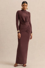 Karinthia | Brown High-Neck Maxi Dress With Draped-Detailing