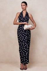 Hana | Black & White Polka Dot Plunge-Neck Tailored Maxi Dress