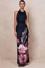Palatial | Pink Border Print Halter-Neck Cowl Maxi Dress