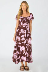 Purple Floral Midi Dress Puff Sleeve