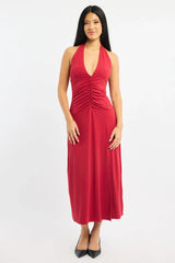 Red Halter Neck Midi Dress