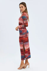 Multi Abstract Maxi Dress Long Sleeve Square Neck Mesh Bodycon