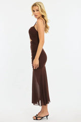 Brown Midi Dress Cut Out Mesh