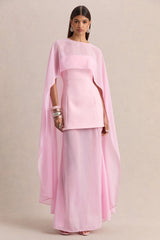 Chessa | Light Pink Boat-Neck Maxi Dress With Sheer Cape