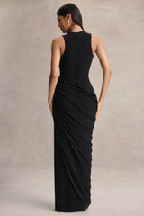 Desiree | Black Plunge-Neck Maxi Dress With Draped Detailing