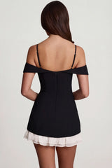 Off-Shoulder Ruffle A-Line Mini Dress in Black