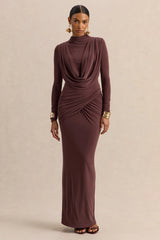 Karinthia | Brown High-Neck Maxi Dress With Draped-Detailing