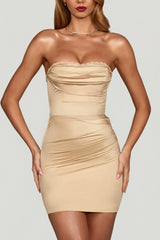 Satin Scalloped-Bandeau Ruched Mini Dress in Champagne