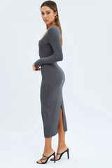 Grey Midi Dress Long Sleeve Bodycon Ribbed