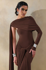Trisara | Brown Asymmetric-Neck Maxi Dress With Gathered-Detailing And Sash