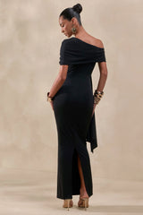 Esalina | Black Asymmetric-Neck Maxi Dress With Sash