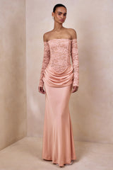 Rinna | Pink Lace And Satin Bardot-Neck Maxi Dress