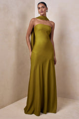 Charly | Olive Matte Satin Bandeau Maxi Dress With Scarf-Detail