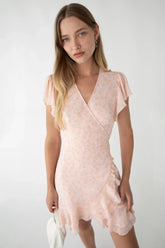 FLORAL WRAP MINI DRESS WITH RUFFLED HEM