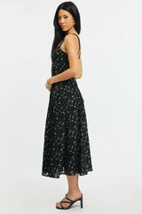 Black Ditsy Midi Dress Gathered Bust