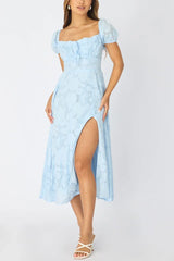 Blue Midi Dress Puff Sleeve
