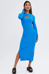 Blue Midi Dress Long Sleeve Mock Neck Cut Out Bodycon