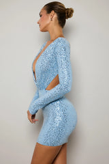 Embellished Cut-Out Mini Dress in Light Blue