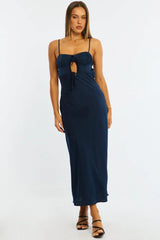Blue Midi Dress Ribbon Detail Satin