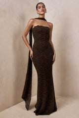 Massima | Brown Lace Bandeau Maxi Dress With Scarf-Detail