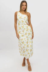 White Floral One Shoulder Midi Dress