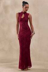 Ravissa | Burgundy Sheer Lace High-Neck Maxi Dress