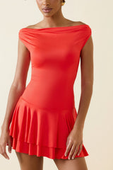 Off-Shoulder Ruffled Mini Dress in Scarlet