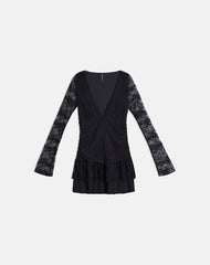 Mishal Long Sleeve Plunge Mini Dress in Lace Black