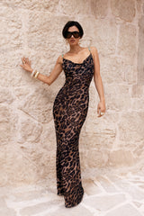 Silvana | Leopard Print Mesh Cowl-Neck Maxi Dress