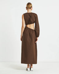 Isobel One Shoulder Cut Out Midi Dress in Chocolate