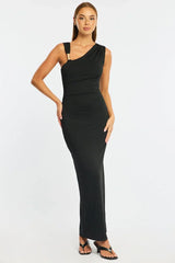 Black Maxi Dress One Shoulder Hard Wear Detail