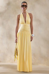 Bettina | Lemon Plunge-Neck Maxi Dress With Gathered-Detailing