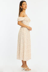 White Ditsy Midi Dress Puff Sleeve