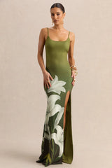 Yasmine | Olive Lily Print Square-Neck Maxi Dress With Front High-Split