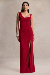 Vesperelle | Red Scoop-Neck Maxi Dress With Gathered-Detailing
